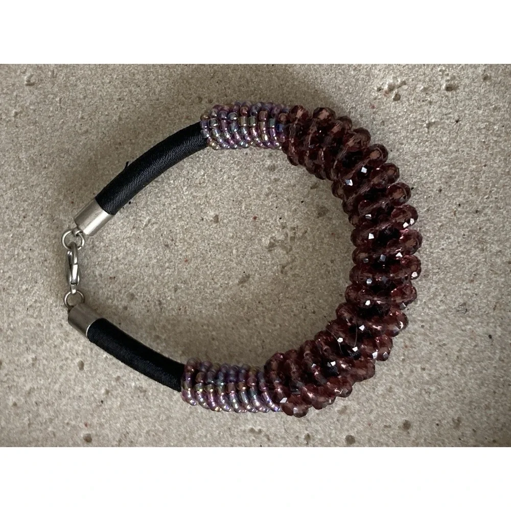 Purple Beaded Bracelet Black Cord Silver Tone Dark Romantic Fairy Chunky
